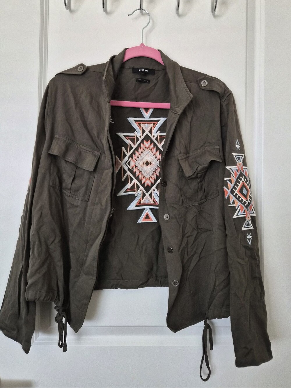 NWOT Miss Me Lightweight Embroidered Utility Jacket with Aztec Detailing Small